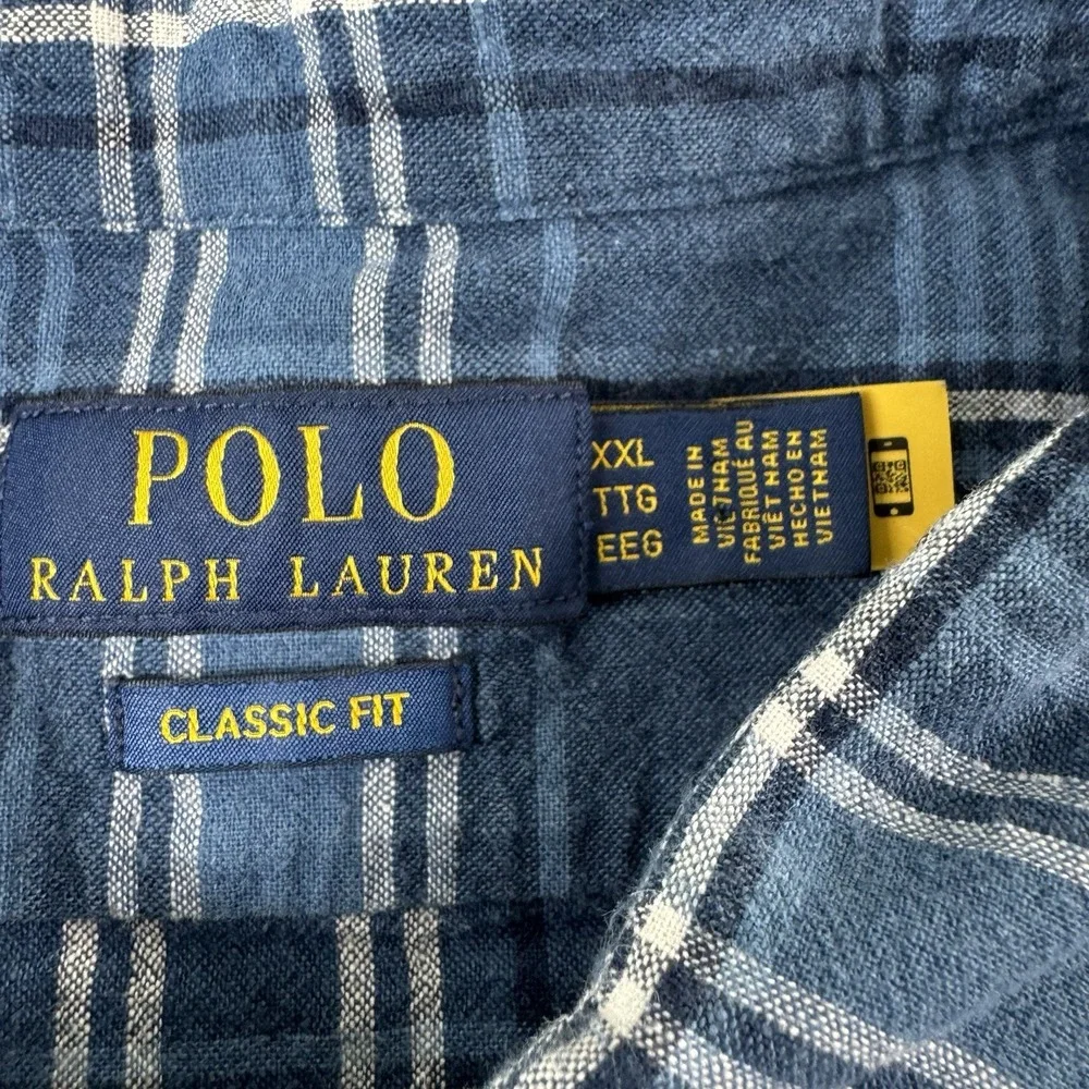 Polo Ralph Lauren Mens 2XL Blue White Checked Cotton Linen Utility Button Shirt